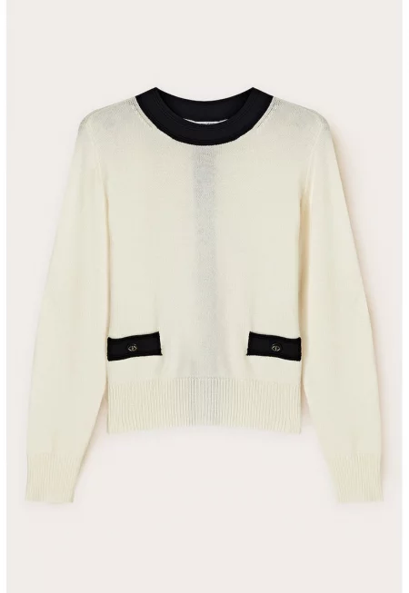 Пуловер с вълна и закопчаване отзад - Черен/Мръснобял