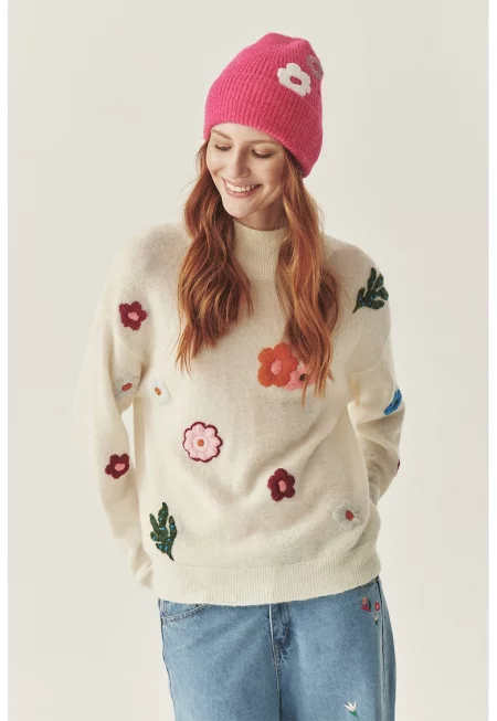 Пуловер с вълна с флорална бродерия
