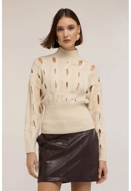 Пуловер с вълна с отвори - Слонова кост