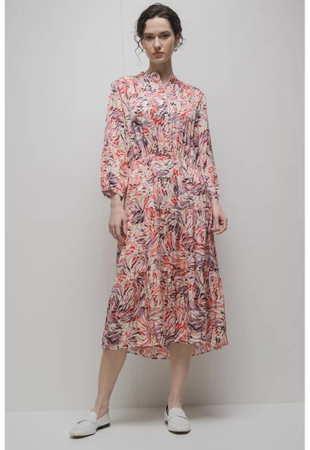 Разкроена рокля с абстрактен принт - Виолетов/Каки/Розово