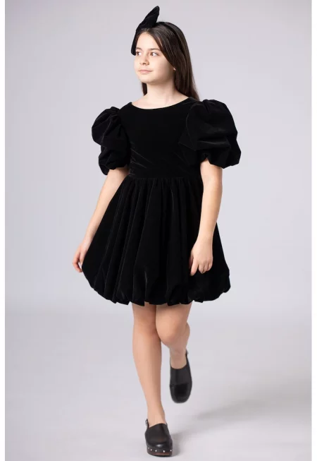 Разкроена рокля с бухнали ръкави - Черен