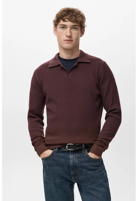 Рипсен пуловер с яка - Коняк кафяв