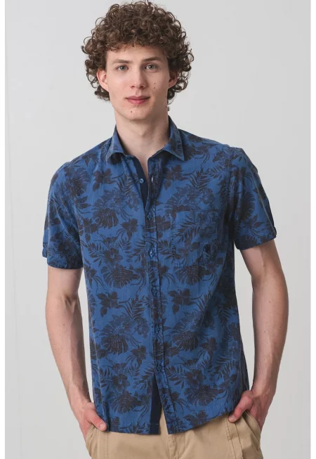 Риза с къси ръкави и принт - Тъмносин