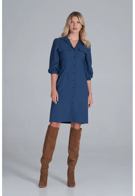 Рокля-риза  M849 - бухнали ръкави - синя - 100% полиестер -