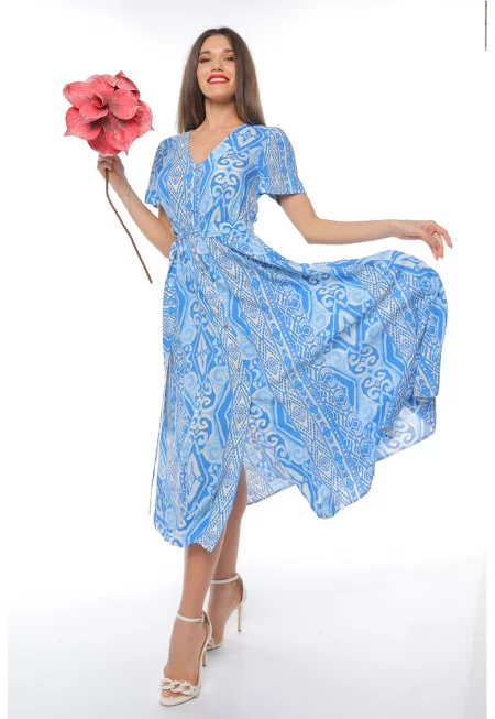 Рокля-риза с колан - Бял/Син