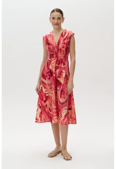 Рокля с лен с принт и отвор - Червен/Оранжев