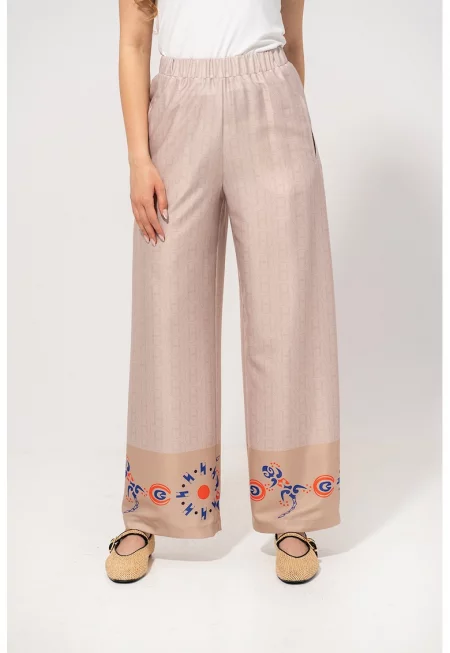 Широк десениран панталон Dasha с еластична шарка - Светлокафяв