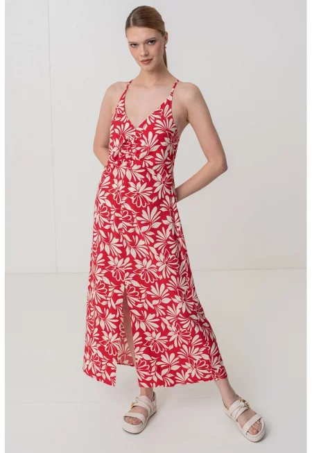 Шпиц рокля с цепка - Аленочервен/Мръснобял