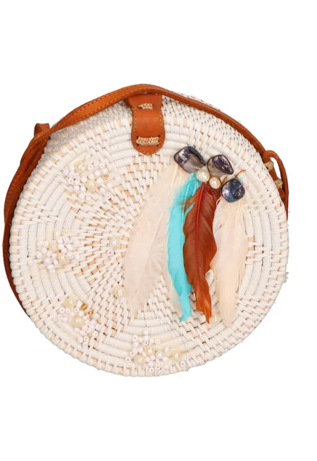 Сламена чанта през рамо - Слонова кост/Тюркоаз/Канелено кафяво