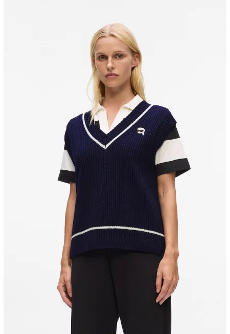 Свободен елек тип пуловер с шпиц - Бял/Тъмносин