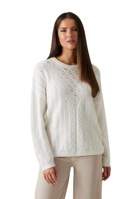 Свободен пуловер с ажур - Бял