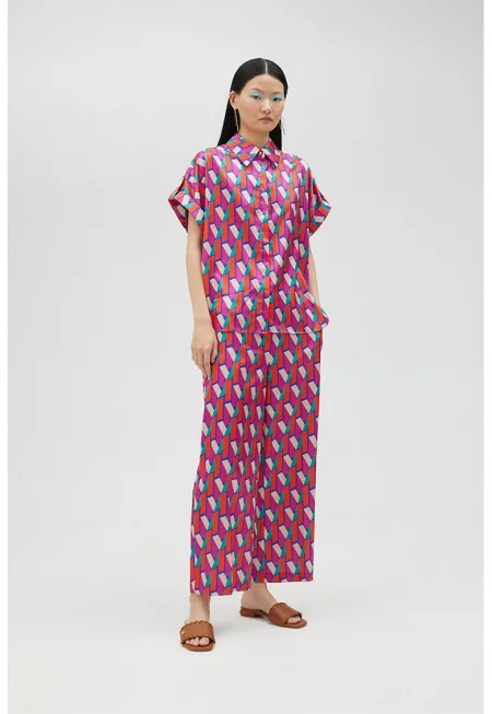 Свободна риза с абстрактен принт - Мандарина/Светлосин/Син