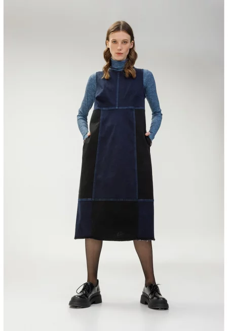 Свободна рокля с джобове - Черен/Тъмносин