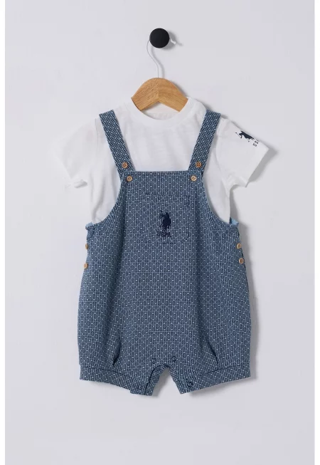 Тениска и къс гащеризон - 2 части - Бял/Лавандула/Тъмносин