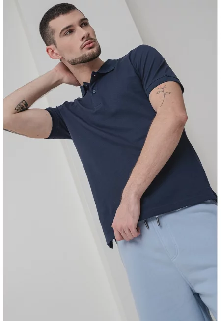 Тениска с органичен памук с яка - Ултрамарин синьо