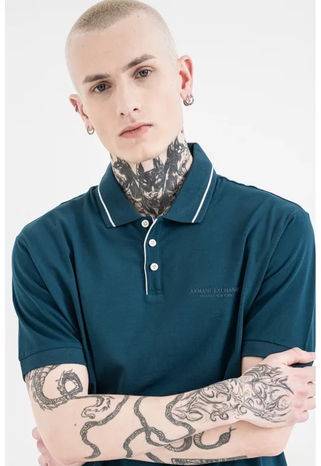 Тениска с яка - Бял/Петролно синьо