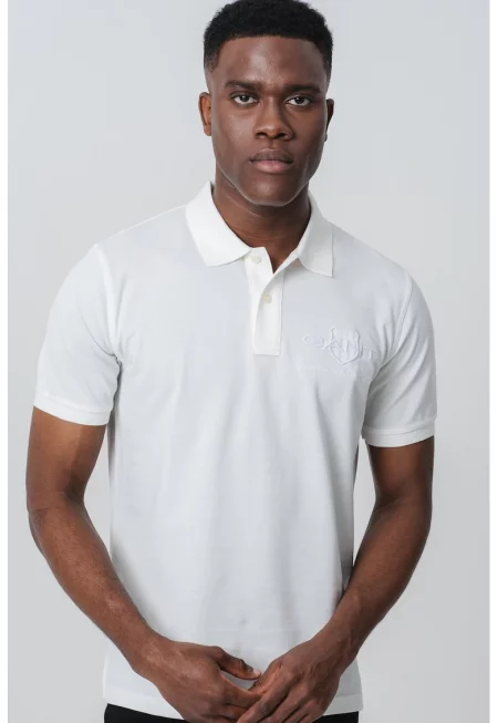 Тениска с яка и лого - Слонова кост