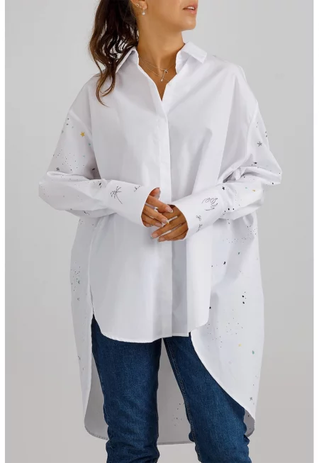 Уголемена риза с издължена задна част - Бял/Зелен/Черен