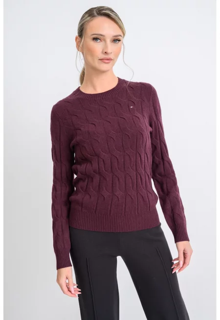 Вълнен пуловер с плетка осморка и овално деколте - Тъмновиолетов