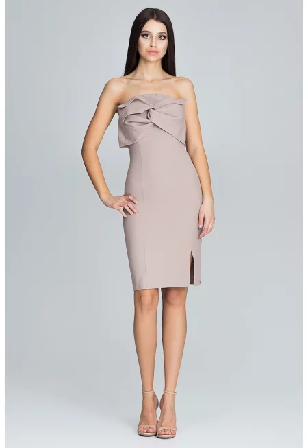 Вечерна рокля  елегантна - без презрамки - бежова - с панделка - полиестер