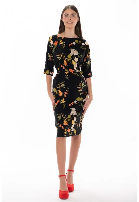 Вталена рокля Lise с флорална щампа - Зелен/Черен/Оранжев