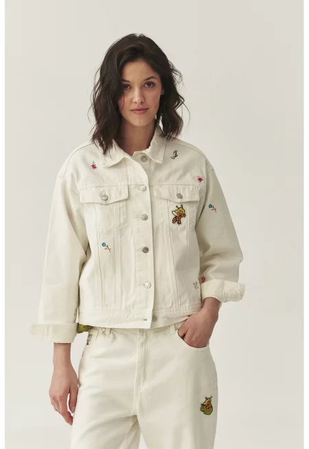 Яке от деним с бродерии - Бял