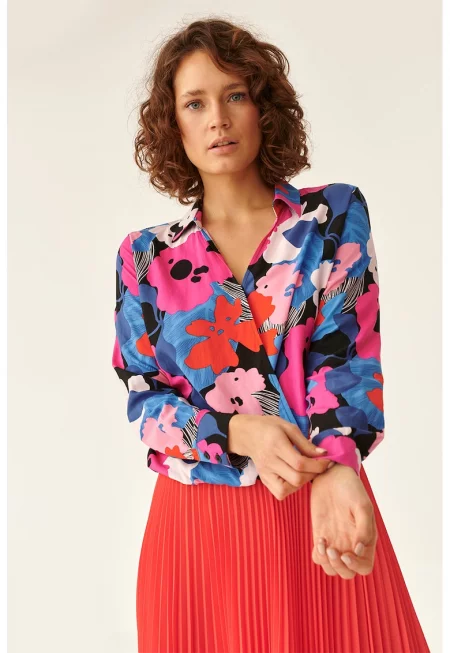Застъпена блуза с флорална щампа - Червен/Розово/Син