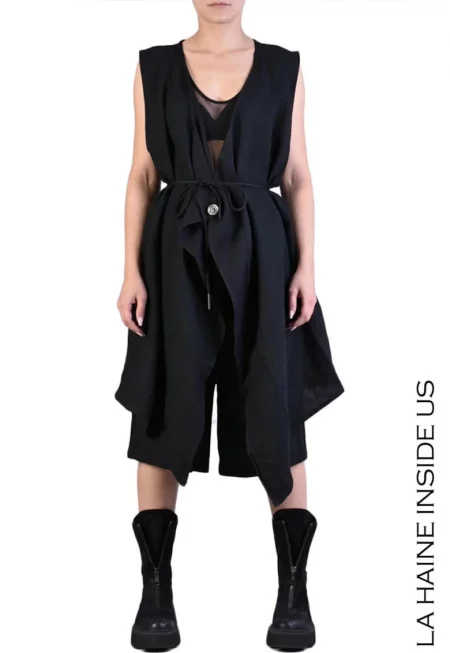 Асиметрична ленена жилетка - подвижен колан - закопчаване с копче - Черен