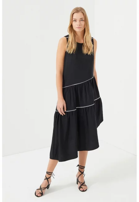 Асиметрична рокля с набирания - Бял/Черен