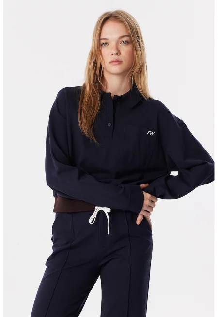 Блуза с яка и регулиращ се подгъв - Тъмносин