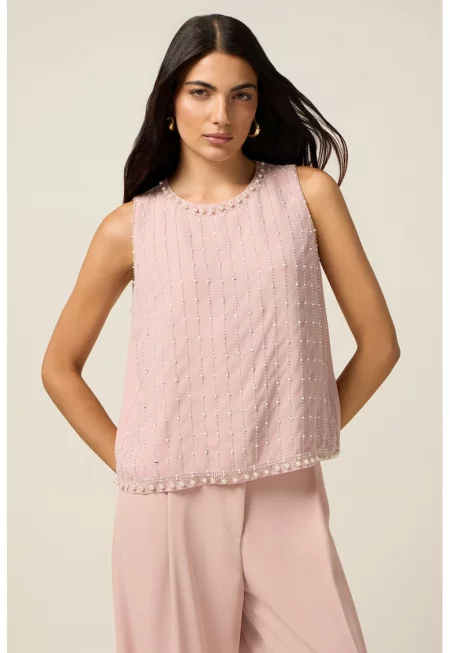 Блуза със синтетични перли - без ръкави - Бял/Пастелнорозов