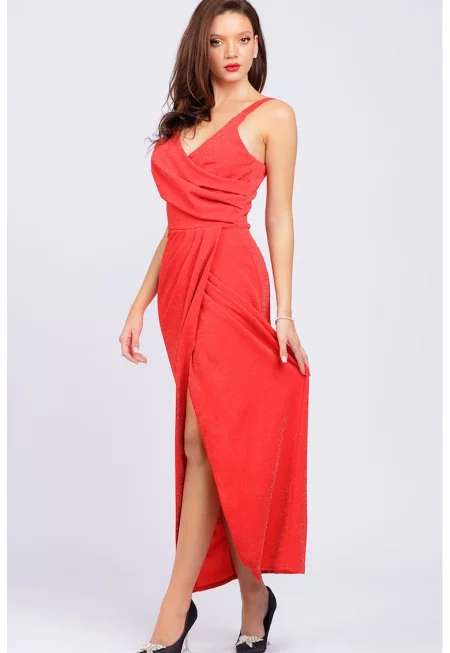 Бляскава рокля без ръкави с набирания - Червен