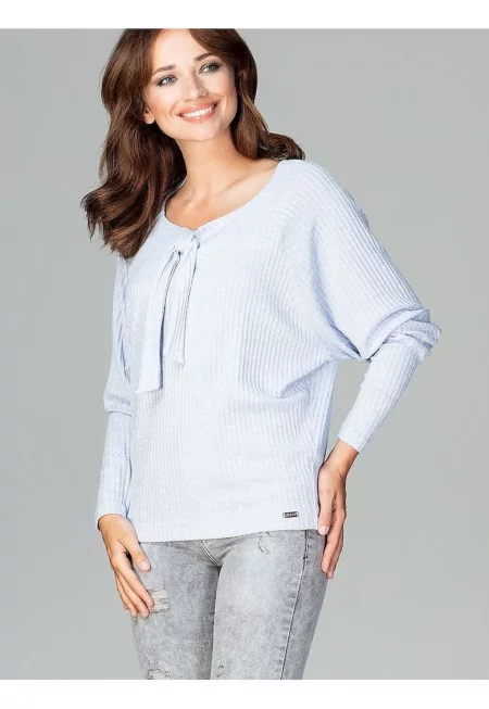 Дамска блуза  синя - трико - дълъг ръкав - деколте с папийонка - вискоза