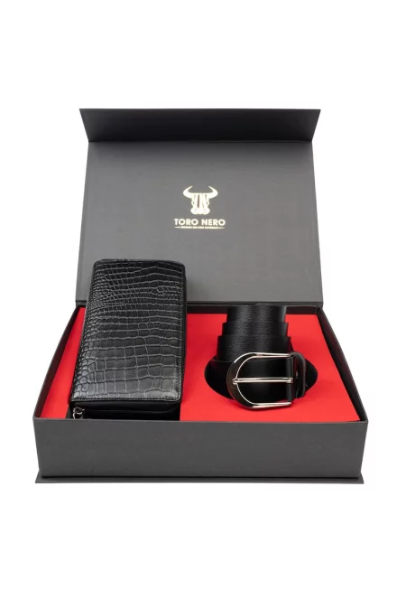 Дамски портфейл и комплект колан - естествена кожа - черен - Gia-Thick