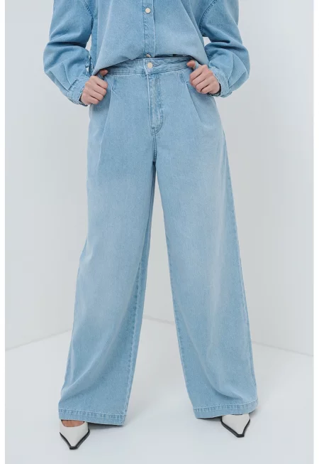 Дънки с широк крачол и висока талия - Светлосин меланж
