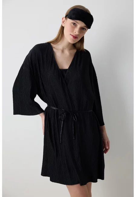 Едноцветен халат с връзка - Черен