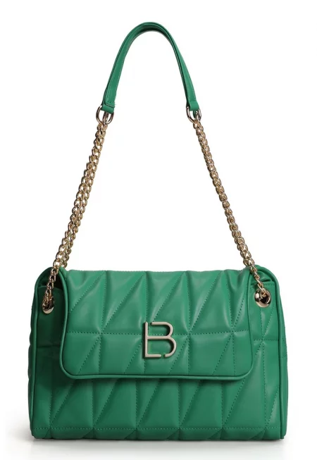 Екологична кожена чанта  с дълга дръжка и капитонирана визия - Зелен - 22x30x10