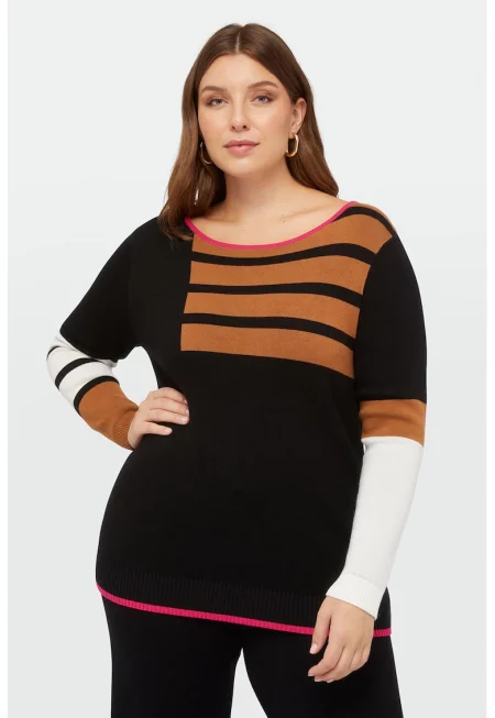 Фино плетен раиран пуловер - Бял/Черен/Тъмнокафяв