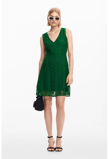 Флорална къса рокля с флорална дантела - Зелен