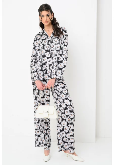 Флорална риза със свободна кройка - Бял/Черен/Праскова