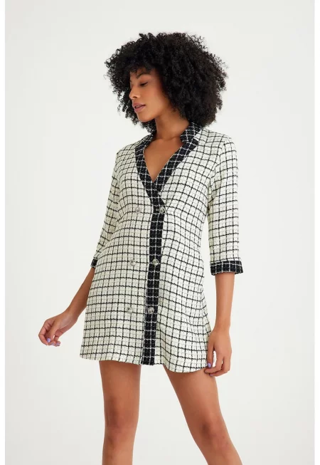 Карирана рокля-сако от туид - Бял/Черен