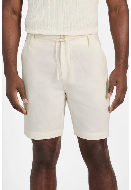 Къс панталон с лен с връзка и джобове - Крем