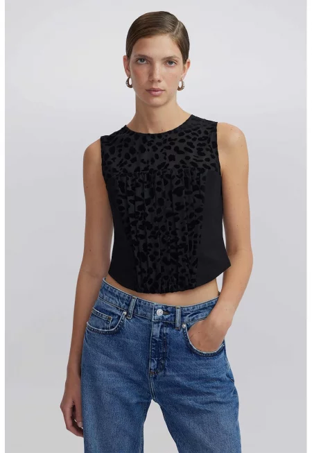 Къс топ с мрежести зони - Избеляло черно