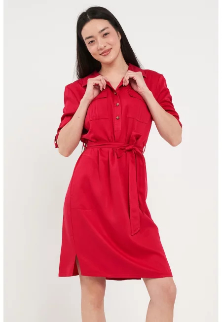 Къса рокля с джобове на гърдите - Червен