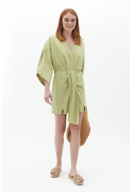 Къса рокля с лен - Бледозелен