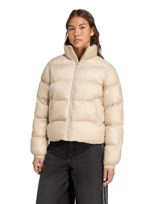 Късо подплатено яке с лого - Светло бежово