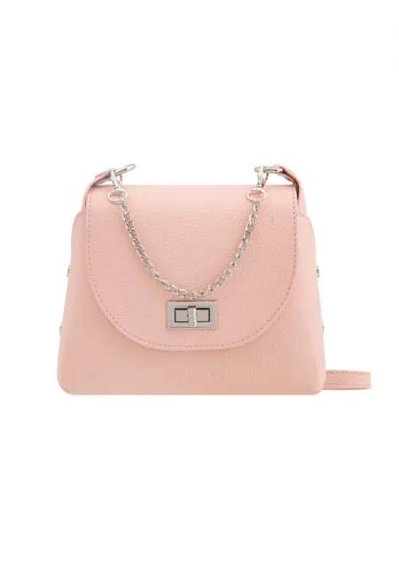 Кожена чанта през рамо с дръжка тип верижка - Прашно розово