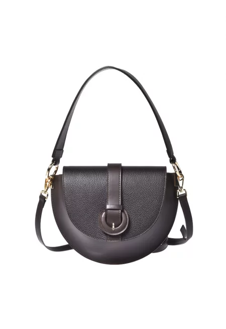 Кожена чанта през рамо с капаче и декоративна презрамка - Тъмнокафяв