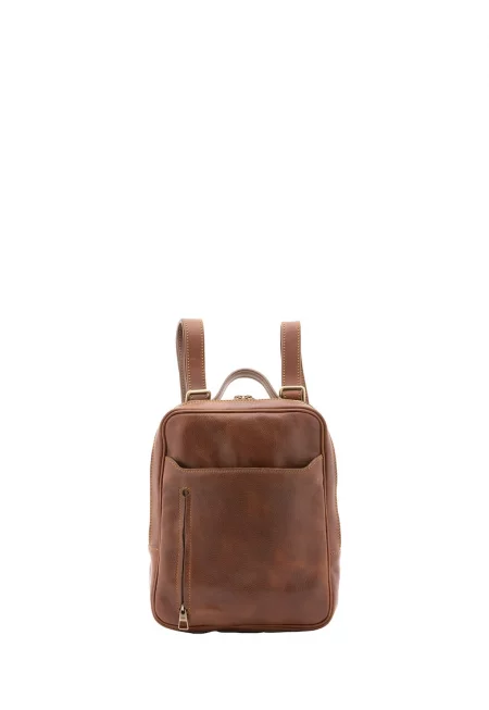 Кожена раница с джобове с цип - Кафяв