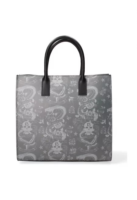 Кожена шопинг чанта с десен - Черен/Многоцветен